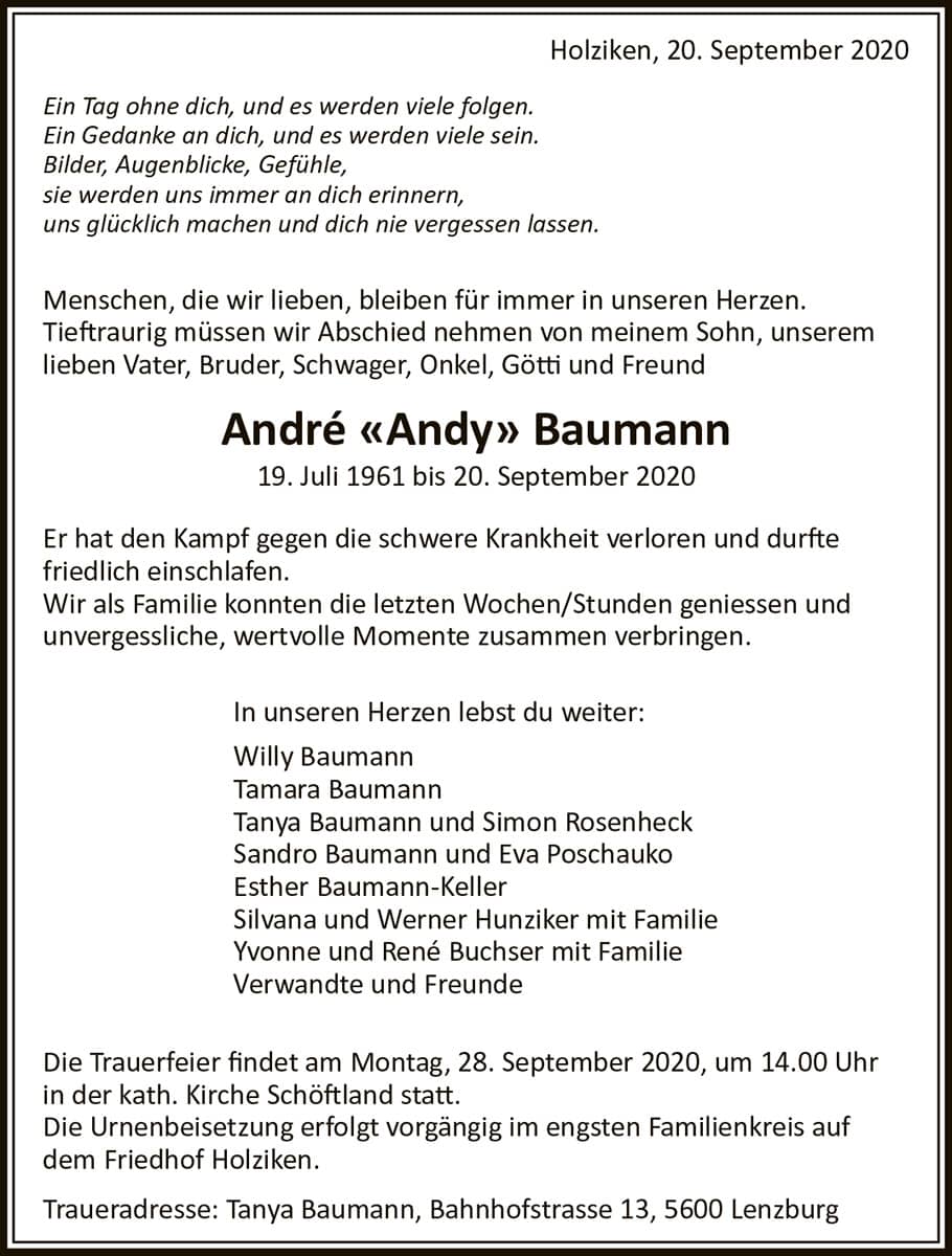 Todesanzeige Andre Baumann 1961 | Der Landanzeiger