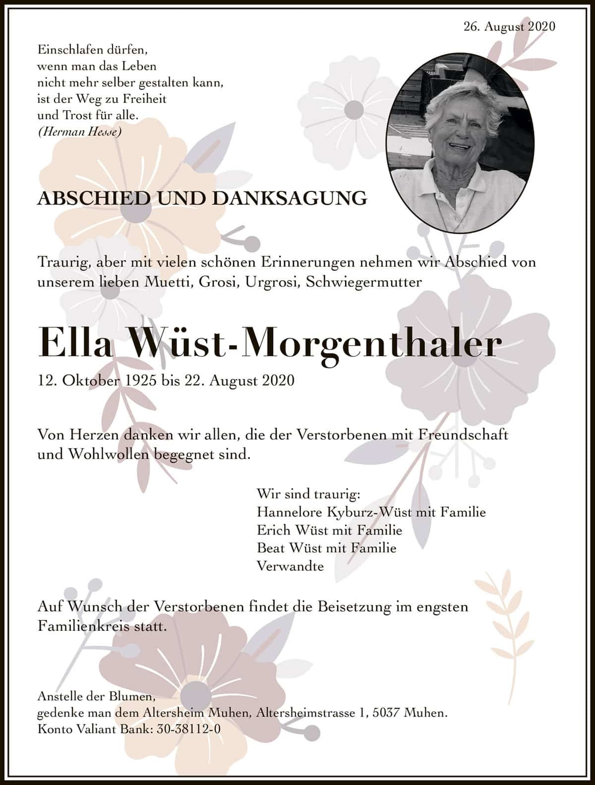 Todesanzeige Ella Wüst-Morgenthaler 1925 | Der Landanzeiger
