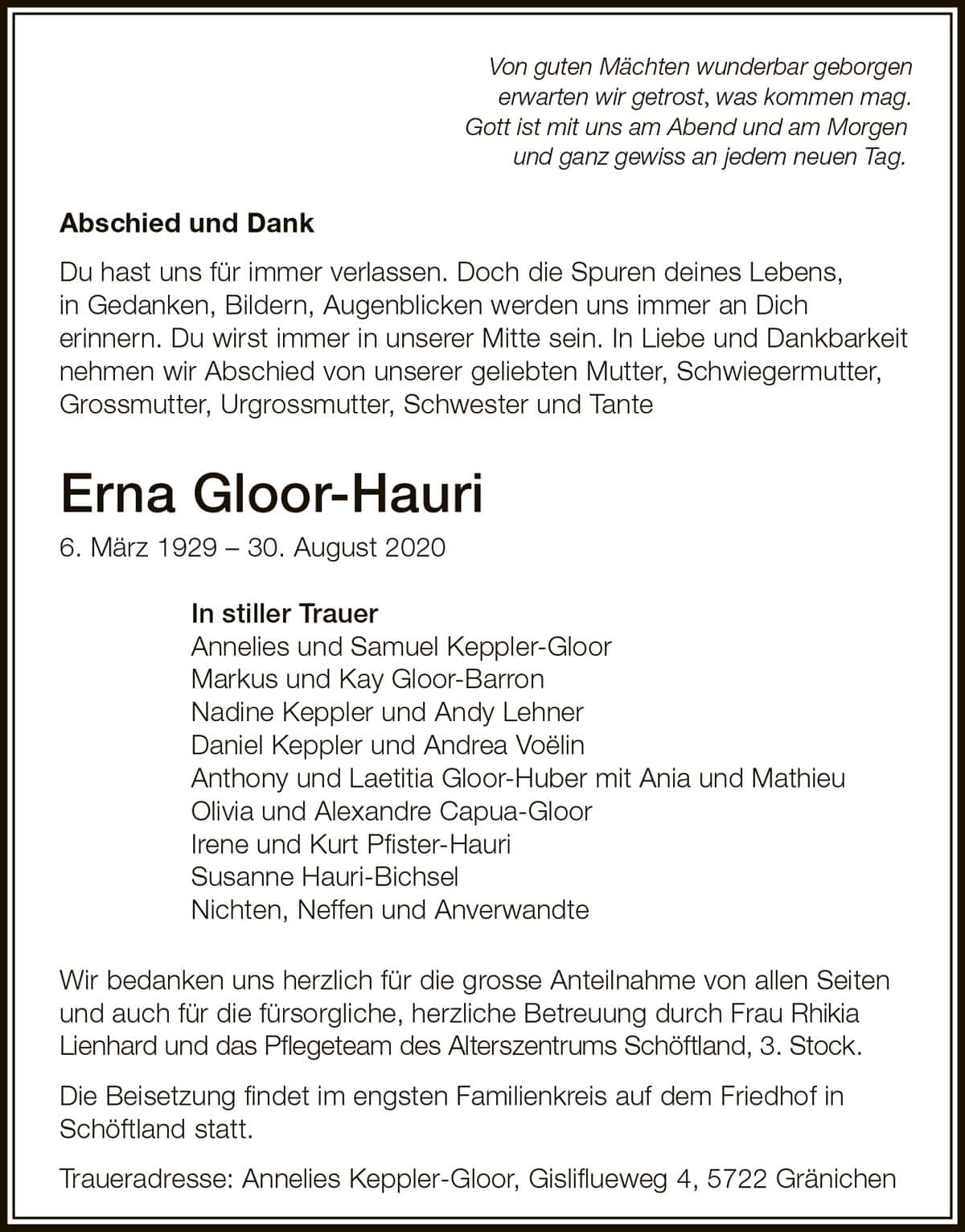 Todesanzeige Erna Gloor-Hauri 1929 | Der Landanzeiger