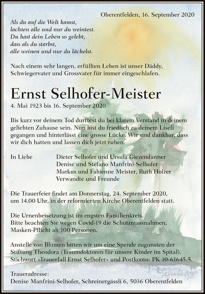 Todesanzeige Ernst Selhofer-Meister 1923 | Der Landanzeiger