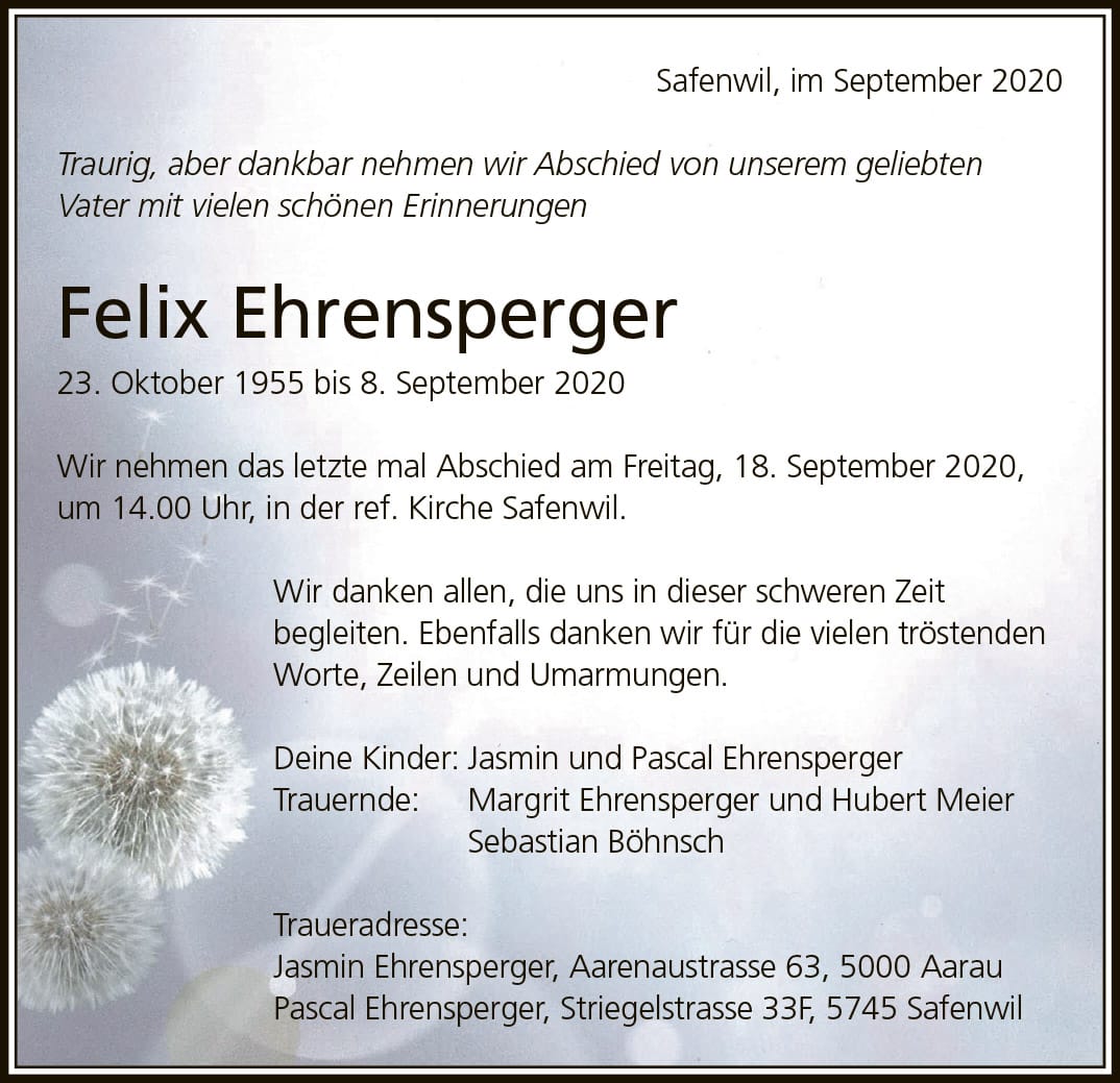 Todesanzeige Felix Ehrensperger 1955 | Der Landanzeiger