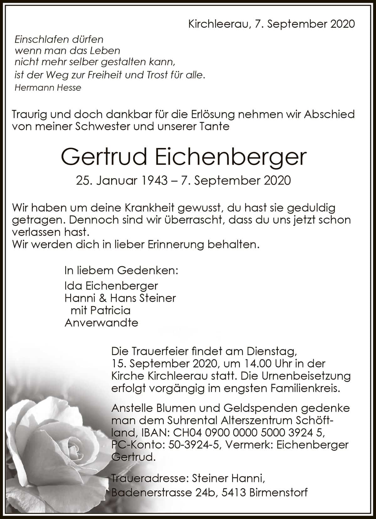 Todesanzeige Gertrud Eichenberger 1943 | Der Landanzeiger