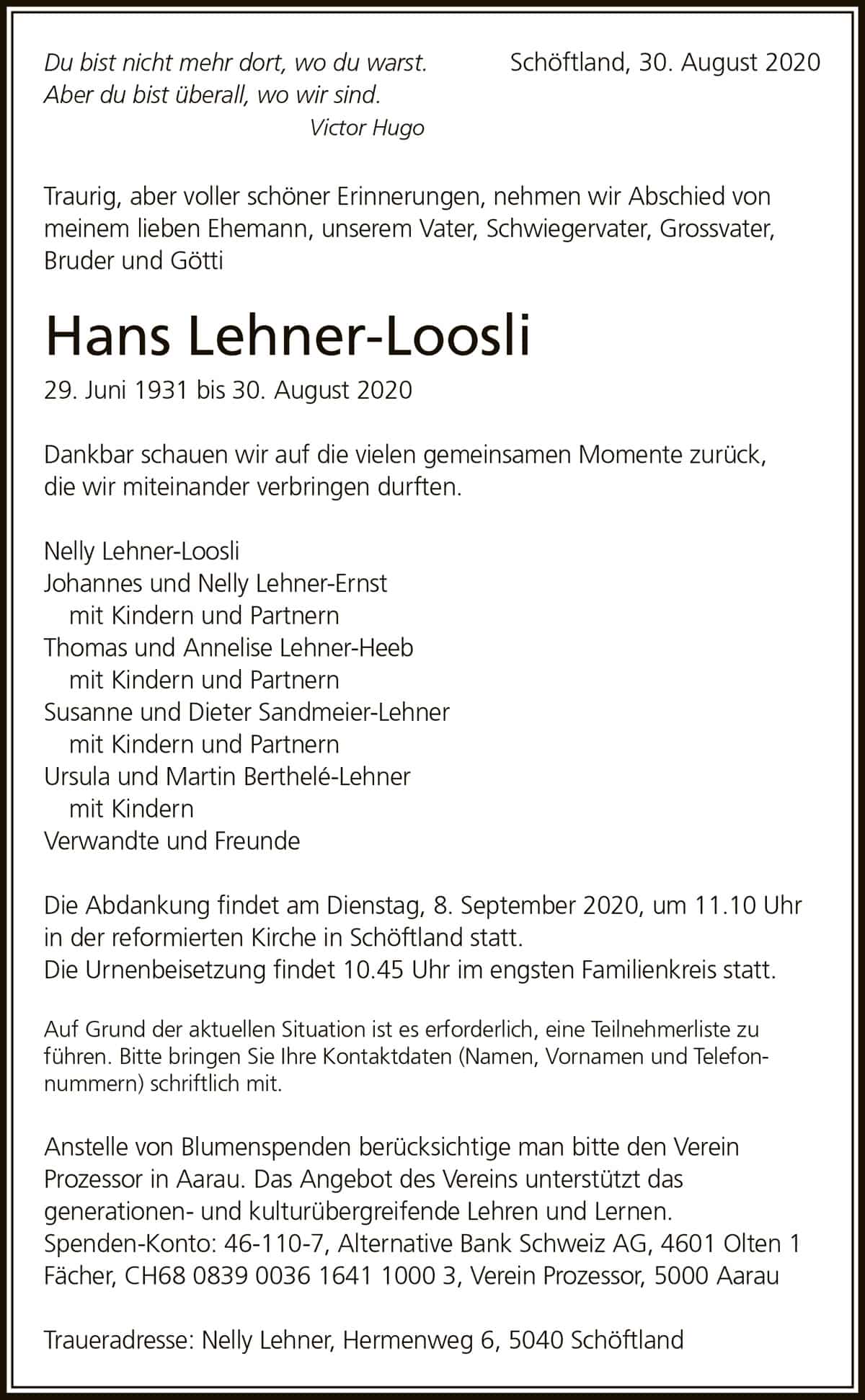 Todesanzeige Hans Lehner-Loosli 1931 | Der Landanzeiger