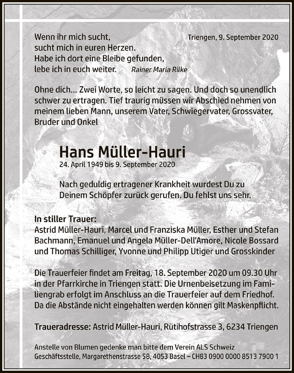 Todesanzeige Hans Müller-Hauri 1949 | Der Landanzeiger