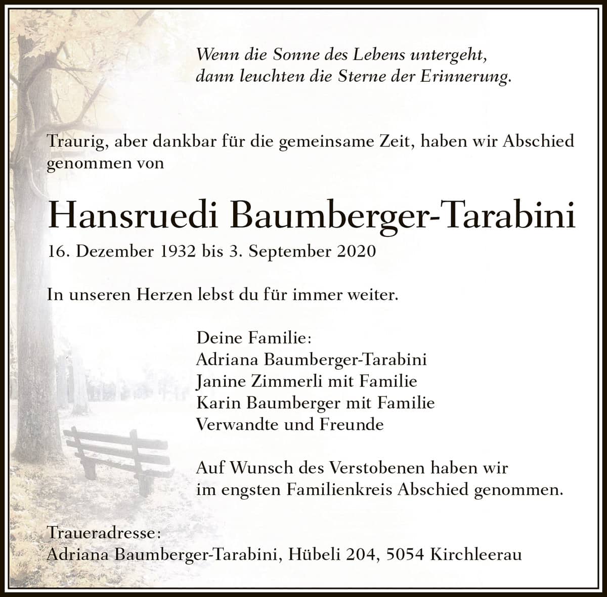 Todesanzeige Hansruedi Baumberger-Tarabini 1932 | Der Landanzeiger