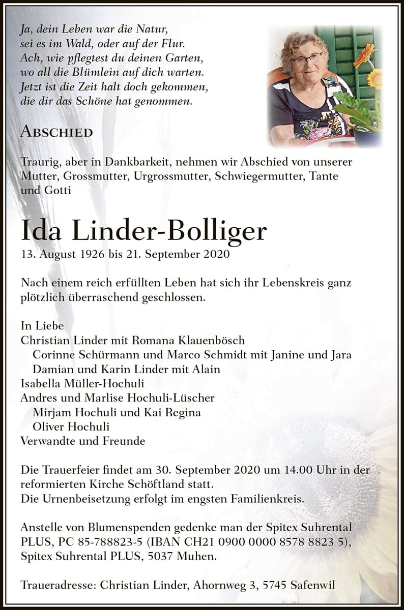 Todesanzeige Ida Linder-Bolliger 1926 | Der Landanzeiger