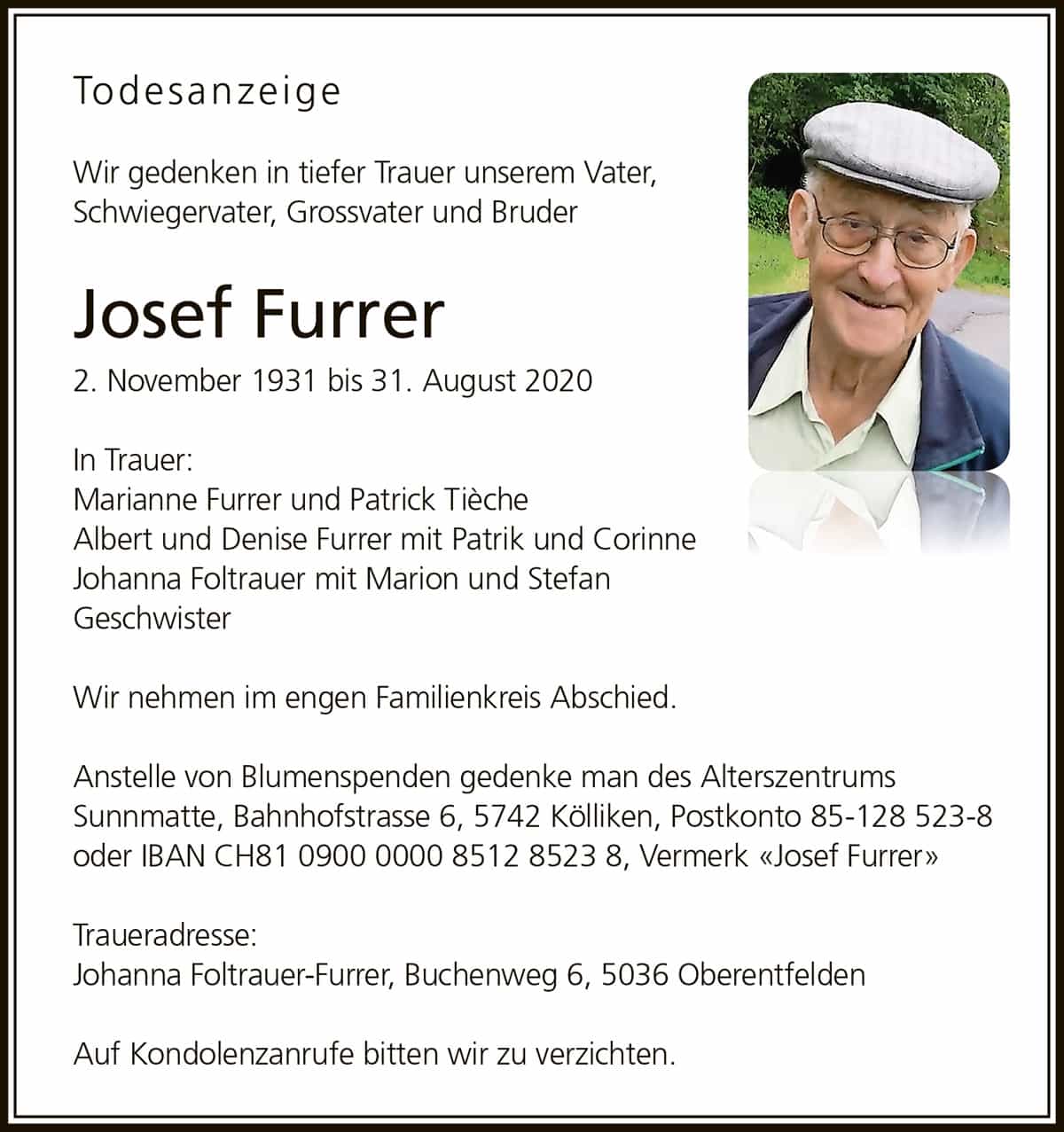 Todesanzeige Josef Furrer 1931 | Der Landanzeiger