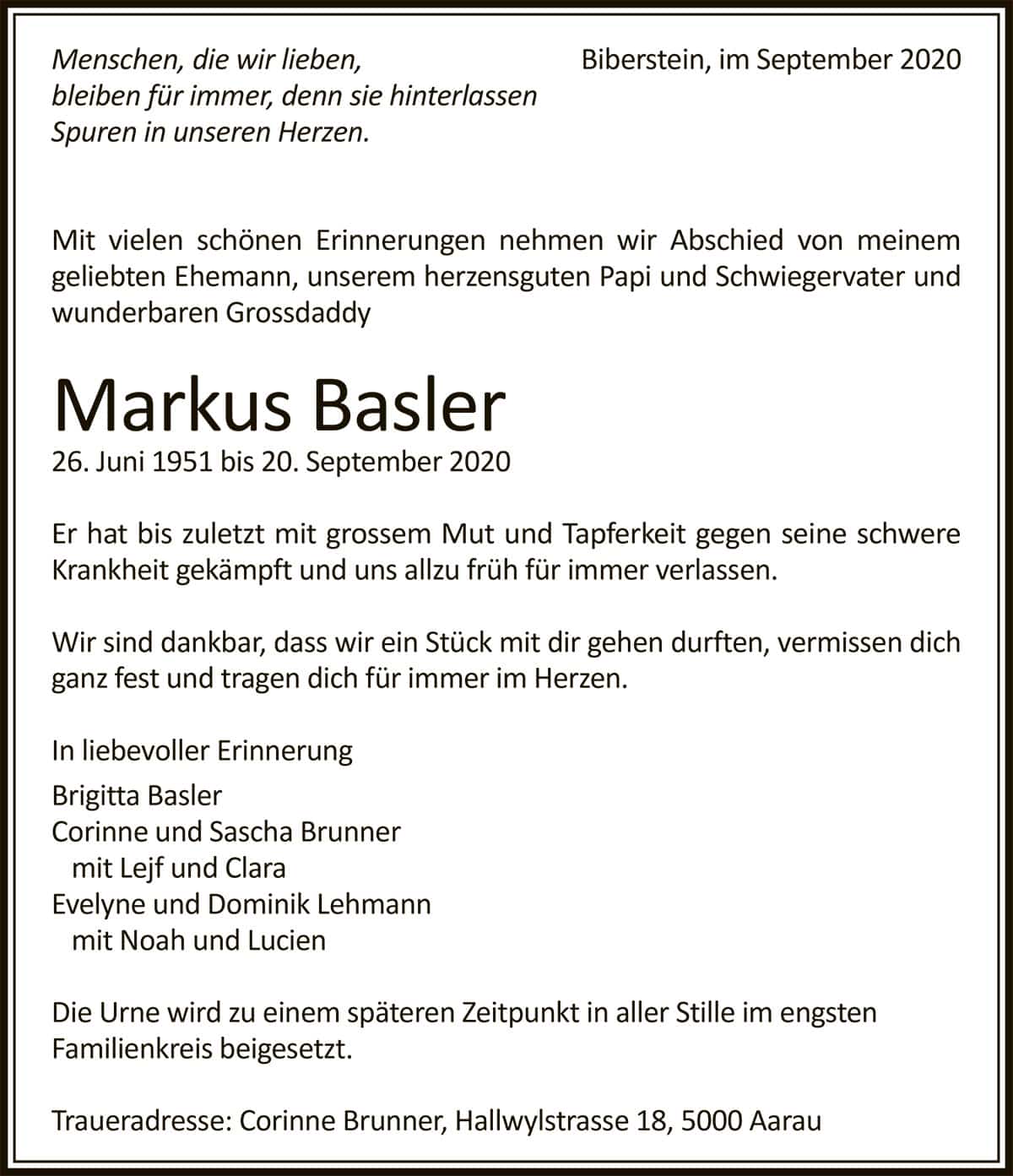 Todesanzeige Markus Basler 1951 | Der Landanzeiger