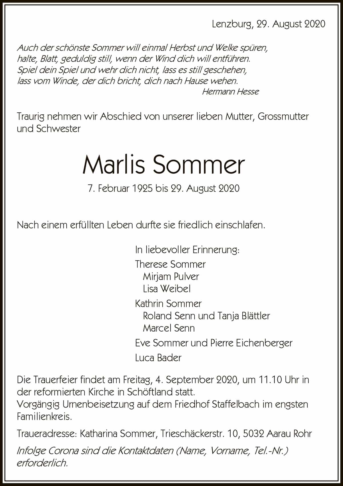 Todesanzeige Marlis Sommer 1925 | Der Landanzeiger