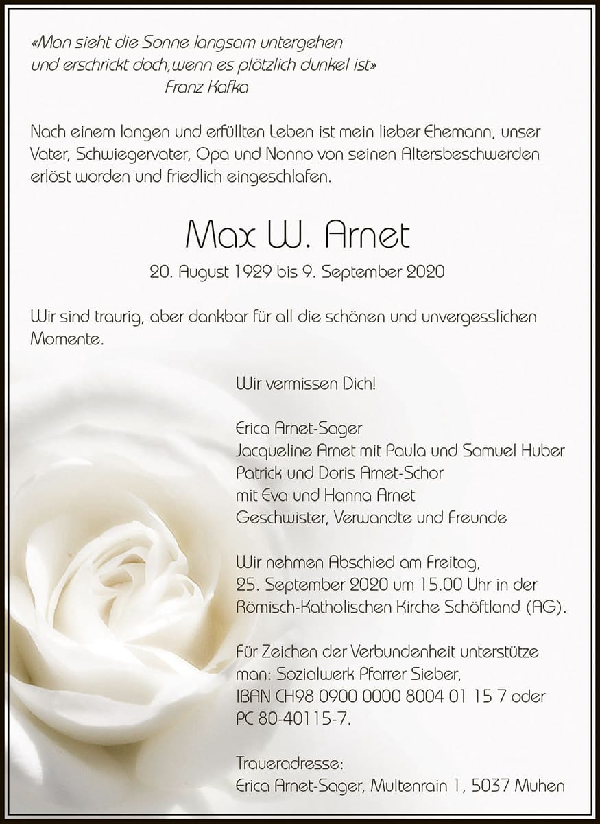 Todesanzeige Max W. Arnet 1929 | Der Landanzeiger