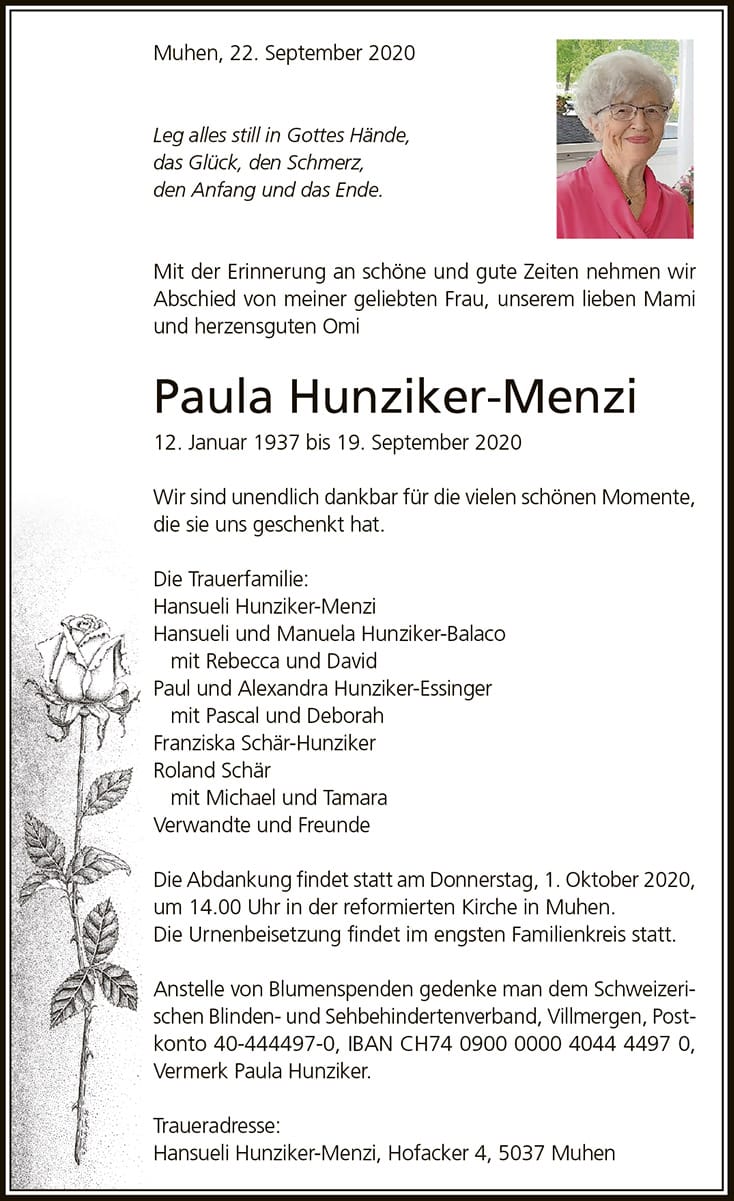 Todesanzeige Paula Hunziker-Menzi 1937 | Der Landanzeiger