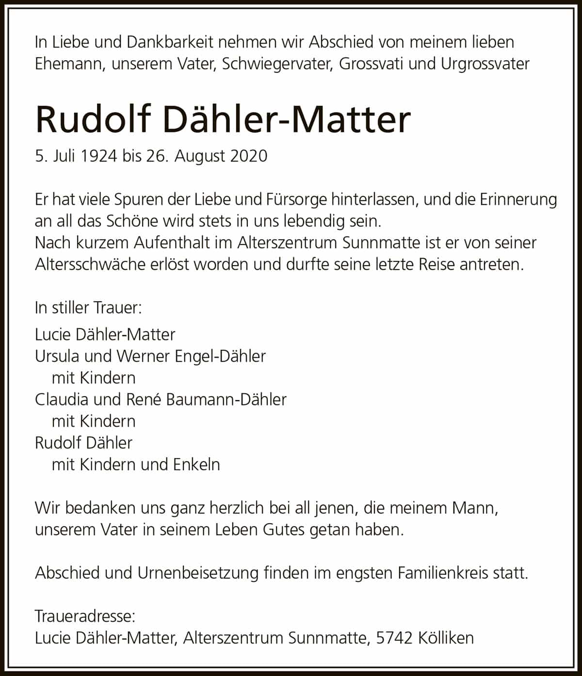 Todesanzeige Rudolf Dähler-Matter | Der Landanzeiger