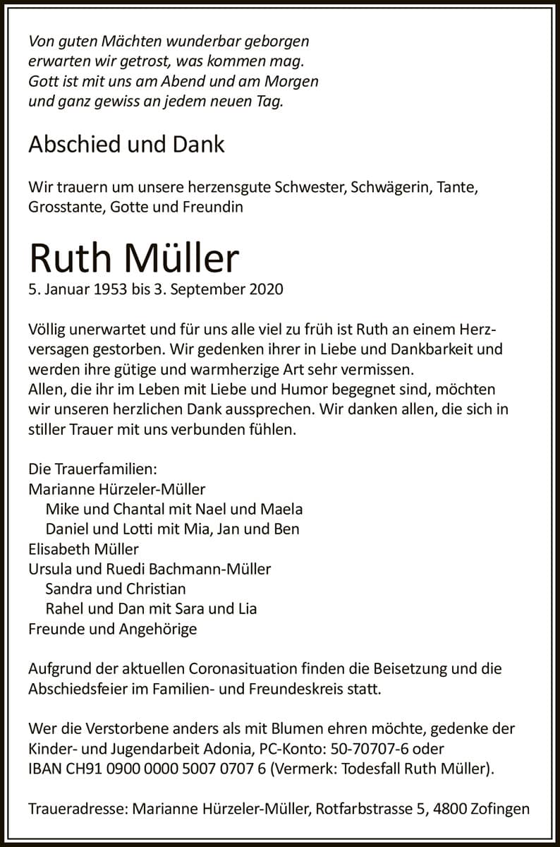 Todesanzeige Ruth Müller 1953 | Der Landanzeiger