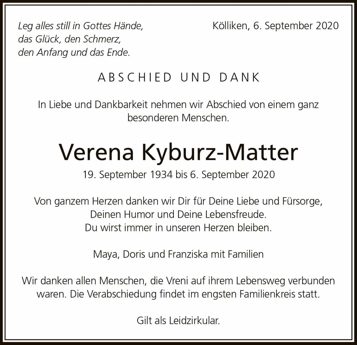 Todesanzeige Verena Kyburz-Matter 1934 | Der Landanzeiger