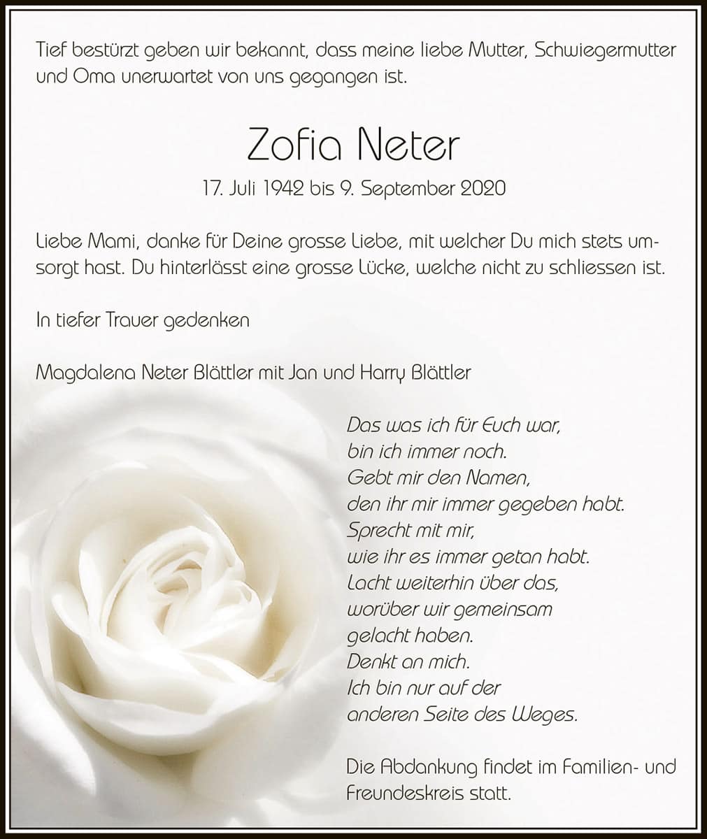 Todesanzeige Zofia Neter 1942 | Der Landanzeiger