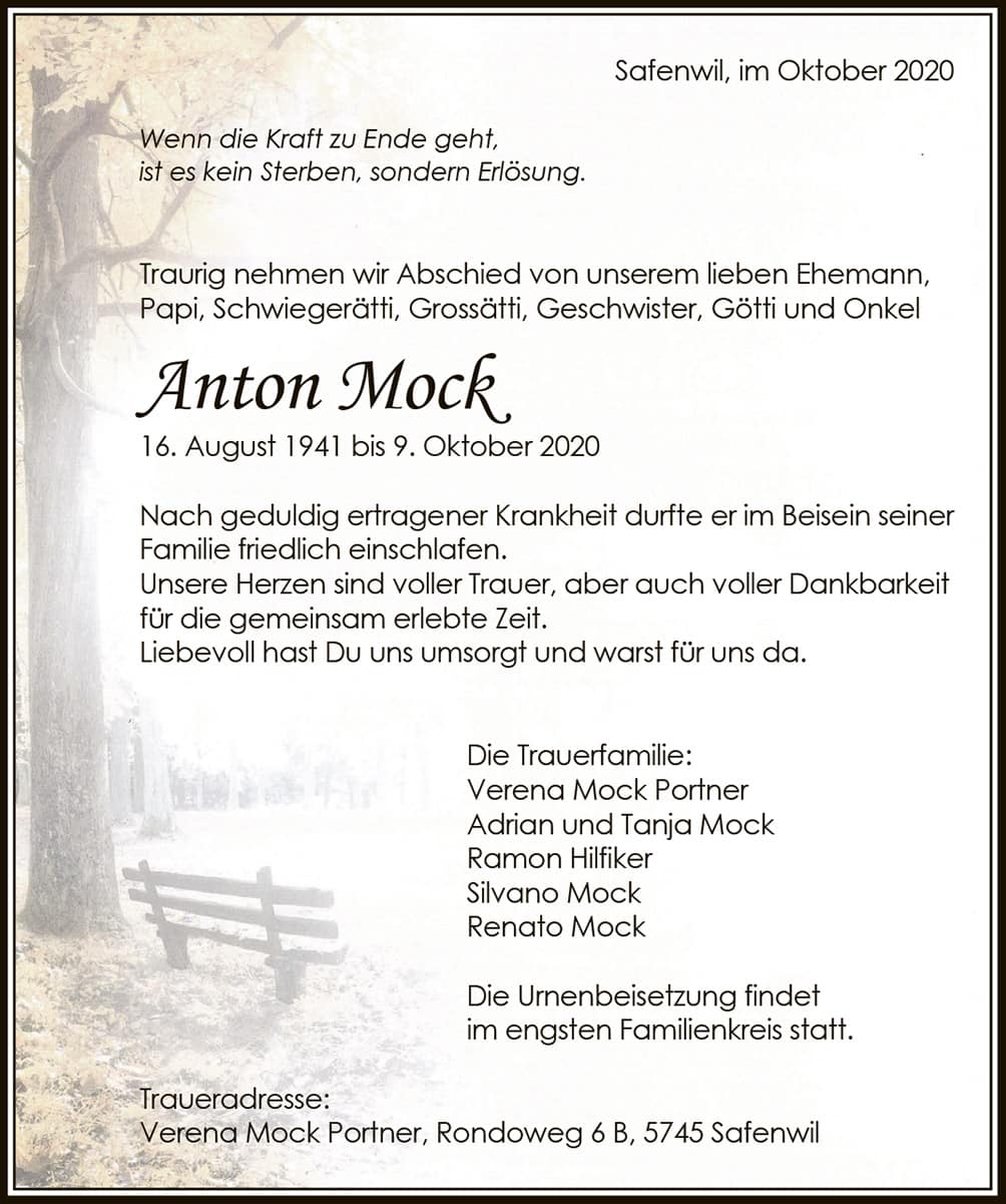 Todesanzeige Anton Mock 1941 | Der Landanzeiger