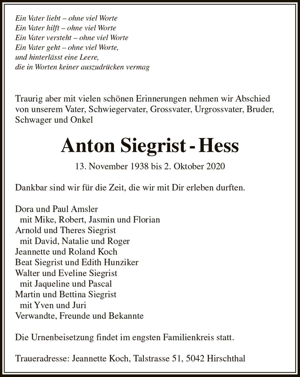 Todesanzeige Anton Siegrist-Hess 1938 | Der Landanzeiger