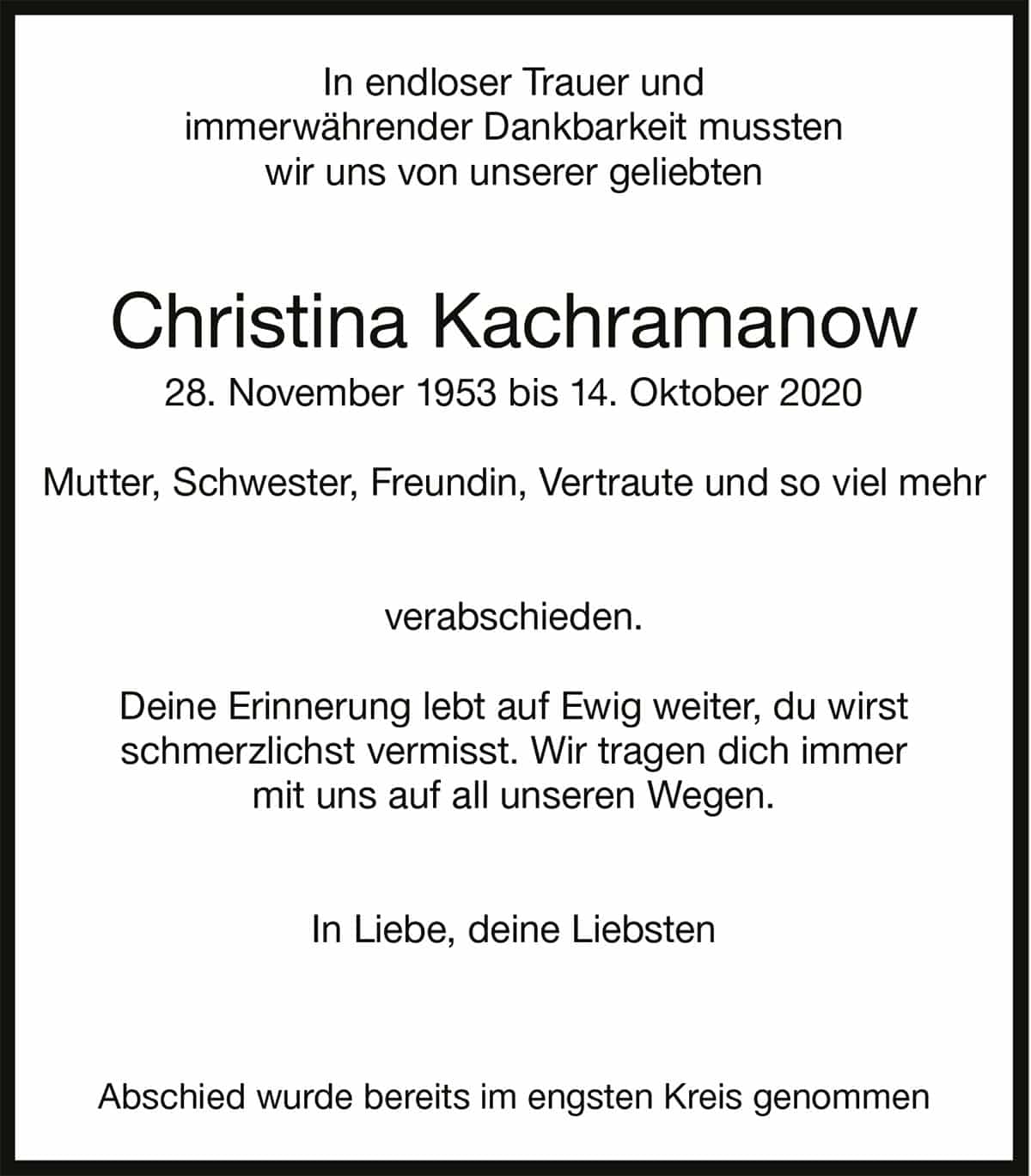 Todesanzeige Christina Kachramanow 1953 | Der Landanzeiger