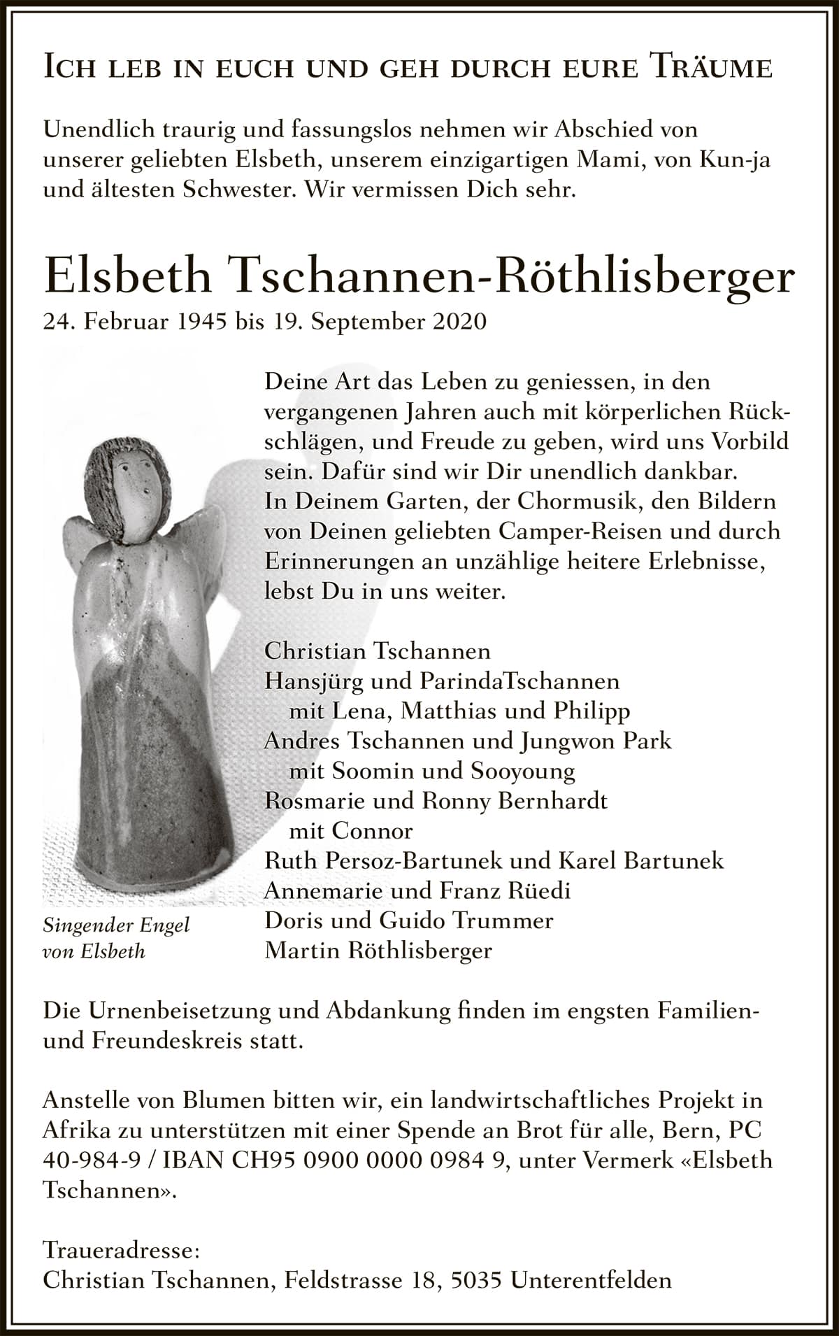Todesanzeige Elsbeth Tschannen-Röthlisberger 1945 | Der Landanzeiger