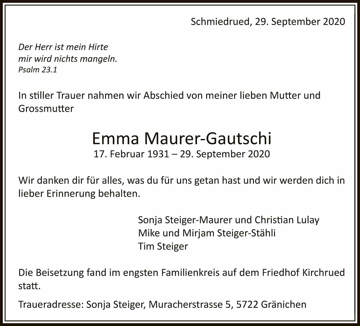 Todesanzeige Emma Maurer-Gautschi 1931 | Der Landanzeiger