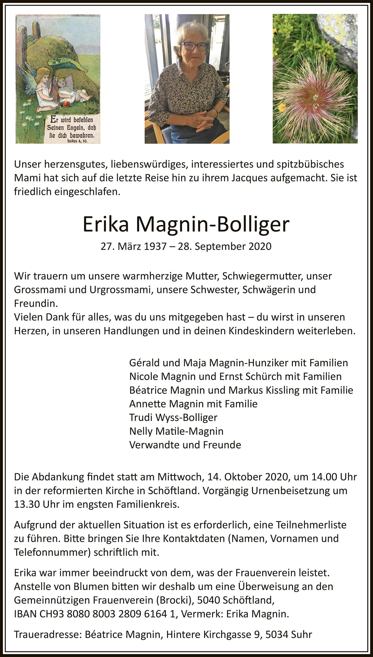 Todesanzeige Erika Magnin-Bolliger 1937 | Der Landanzeiger