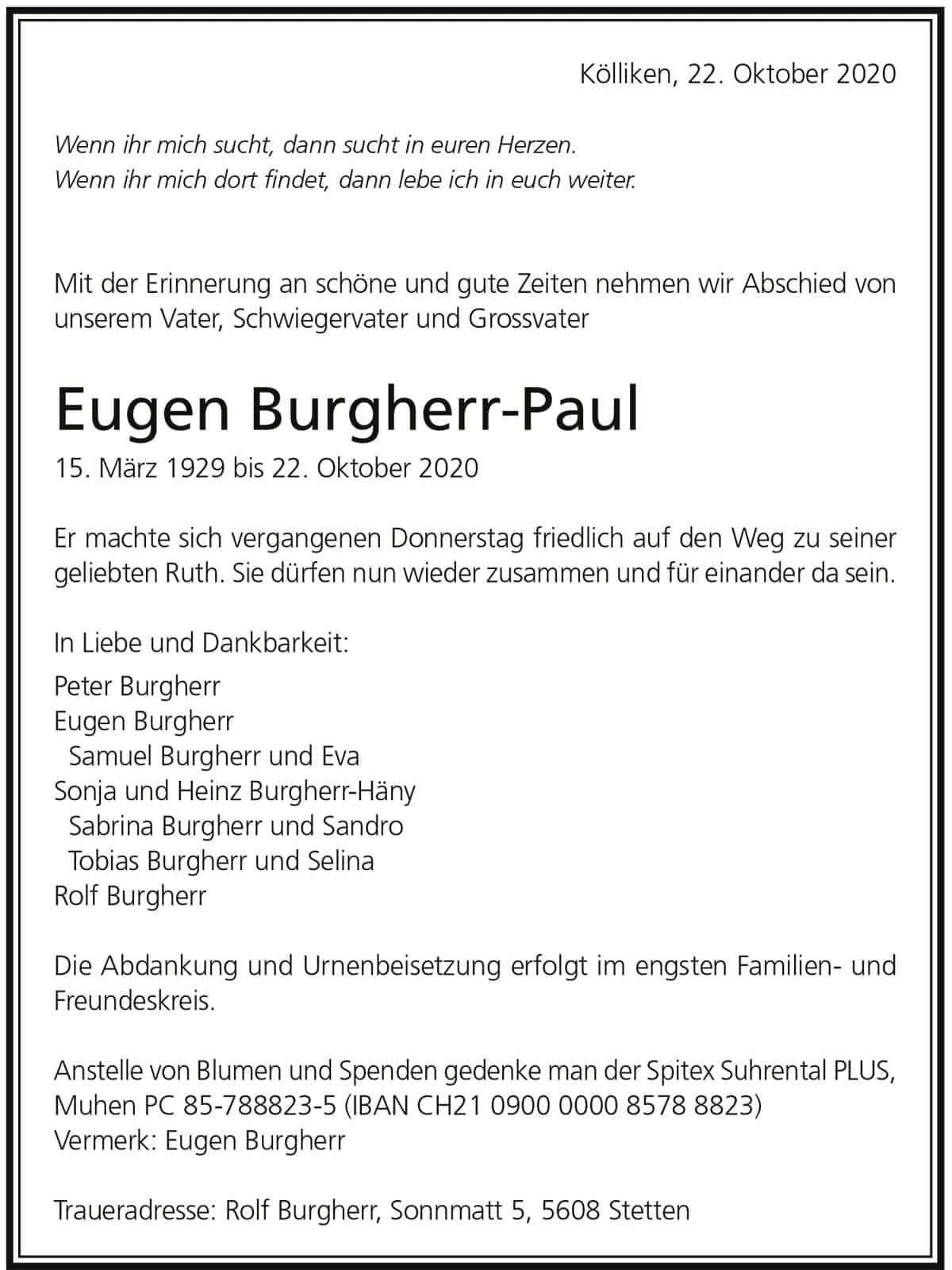 Todesanzeige Eugen Burgherr-Paul 1929 | Der Landanzeiger