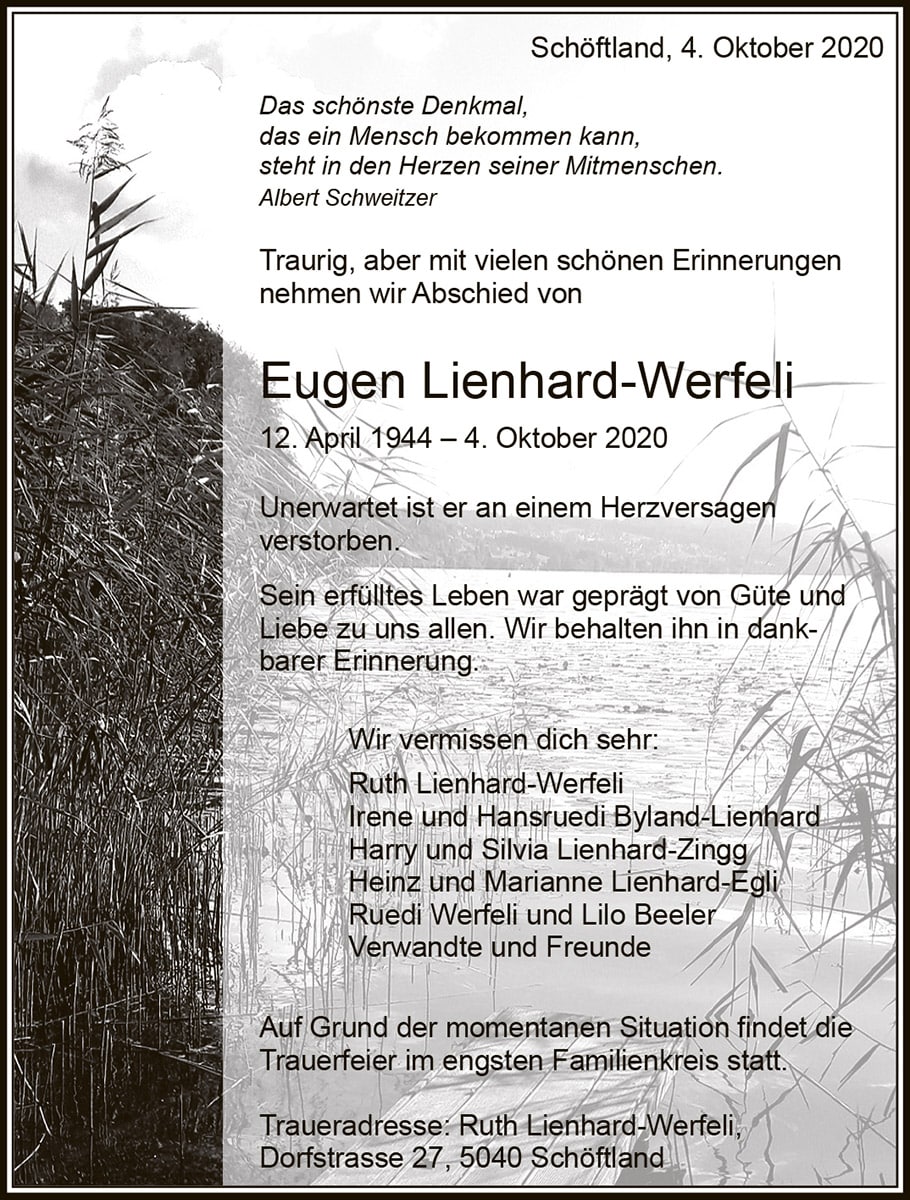Todesanzeige Eugen Lienhard-Werfeli 1944 | Der Landanzeiger