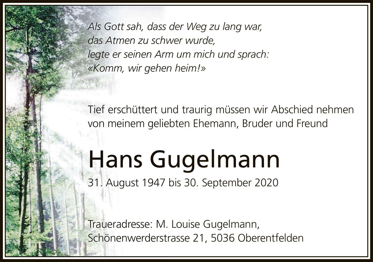 Todesanzeige Hans Gugelmann 1947 | Der Landanzeiger