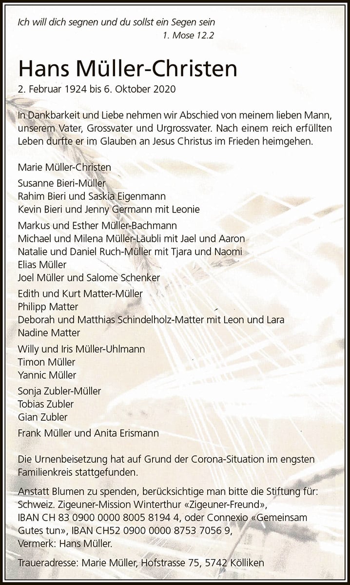 Todesanzeige Hans Müller-Christen 1924 | Der Landanzeiger