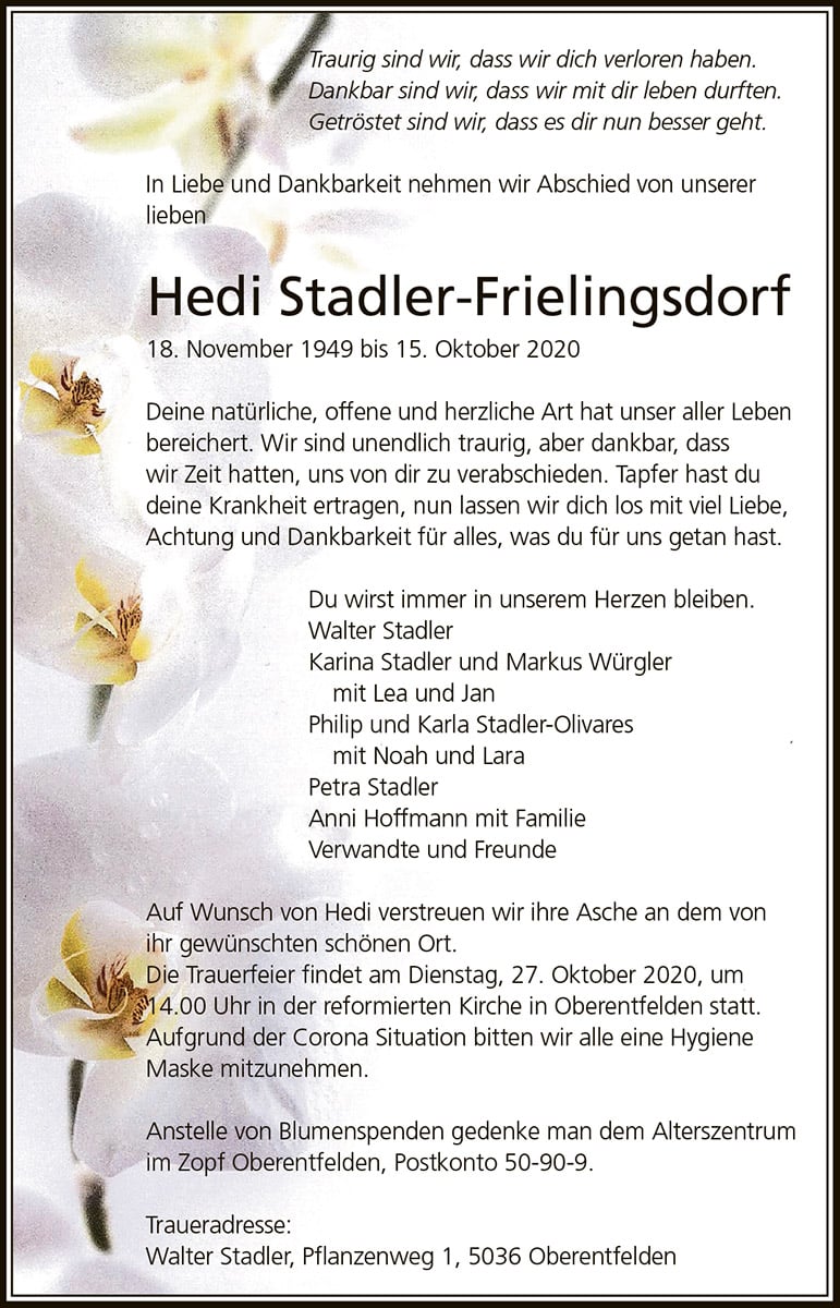 Todesanzeige Hedi Stadler-Frielingsdorf 1949 | Der Landanzeiger