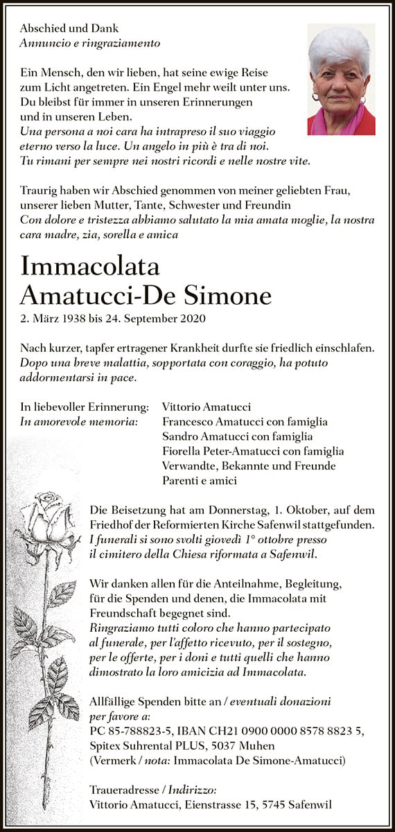 Todesanzeige mmacolata Amatucci-De Simone 1938 | Der Landanzeiger