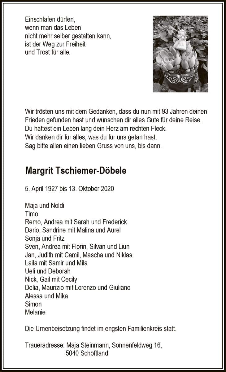 Todesanzeige Margrit Tschiemer-Döbele 1927 | Der Landanzeiger