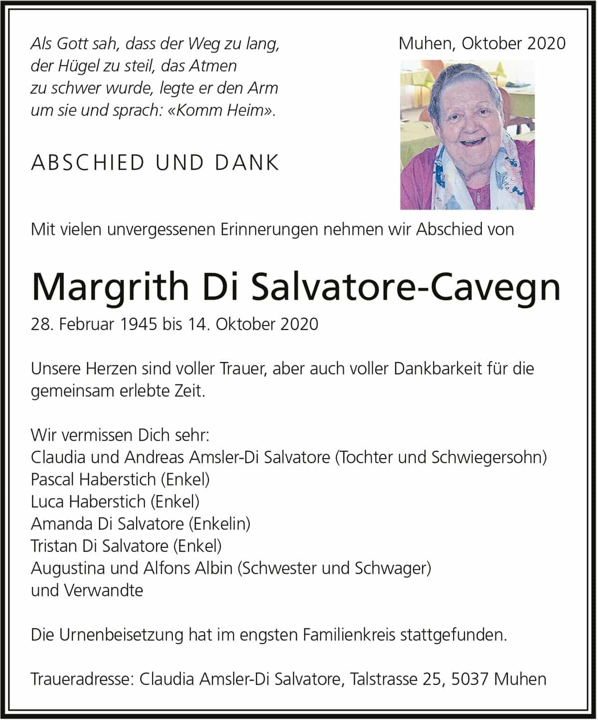 Todesanzeige Martgrith Di Salvatore-Cavegn 1945 | Der Landanzeiger