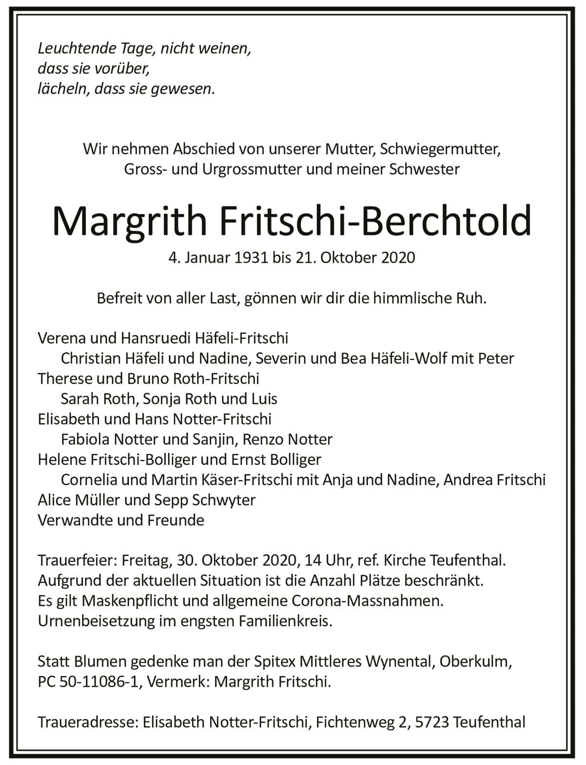 Todesanzeige Margrith Fritschi-Berchtold 1931 | Der Landanzeiger