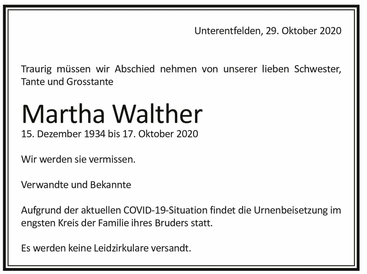 Todesanzeige Martha Walther 1934 | Der Landanzeiger