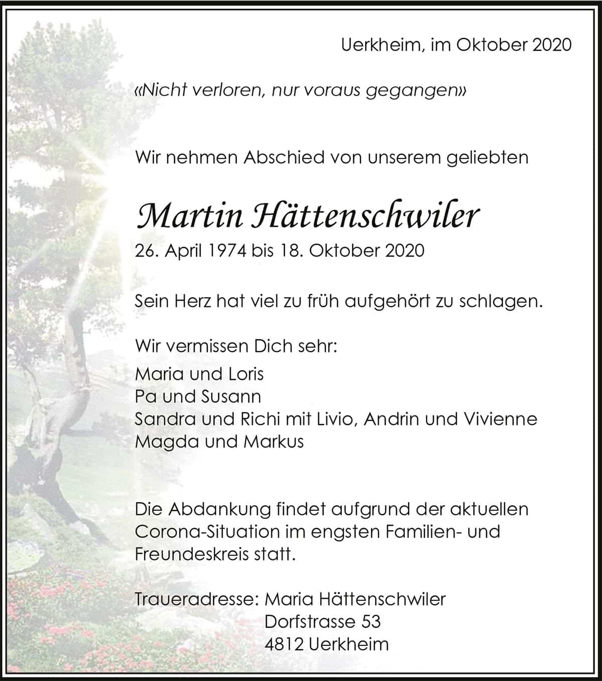Todesanzeige Martin Hättenschwiler 1974 | Der Landanzeiger