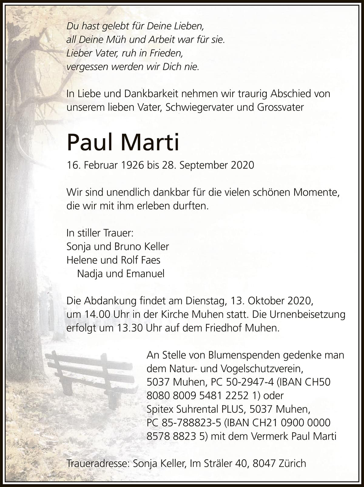 Todesanzeige Paul Marti 1926 | Der Landanzeiger