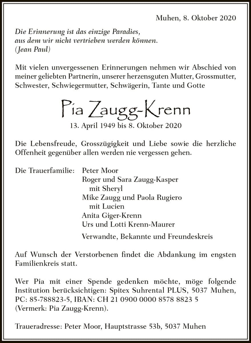 Todesanzeige Pia Zaugg-Krenn 1949 | Der Landanzeiger