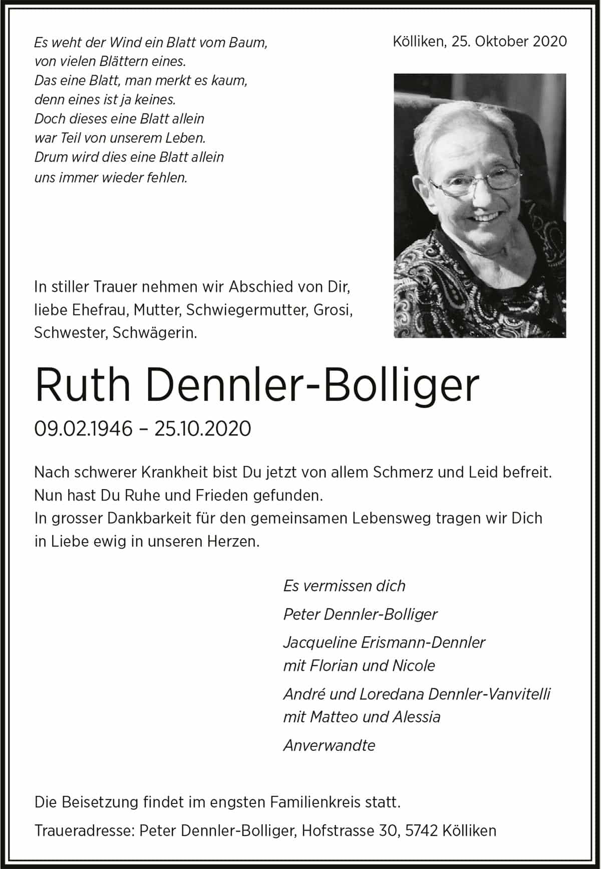Todesanzeige Ruth Dennler-Bolliger 1946 | Der Landanzeiger