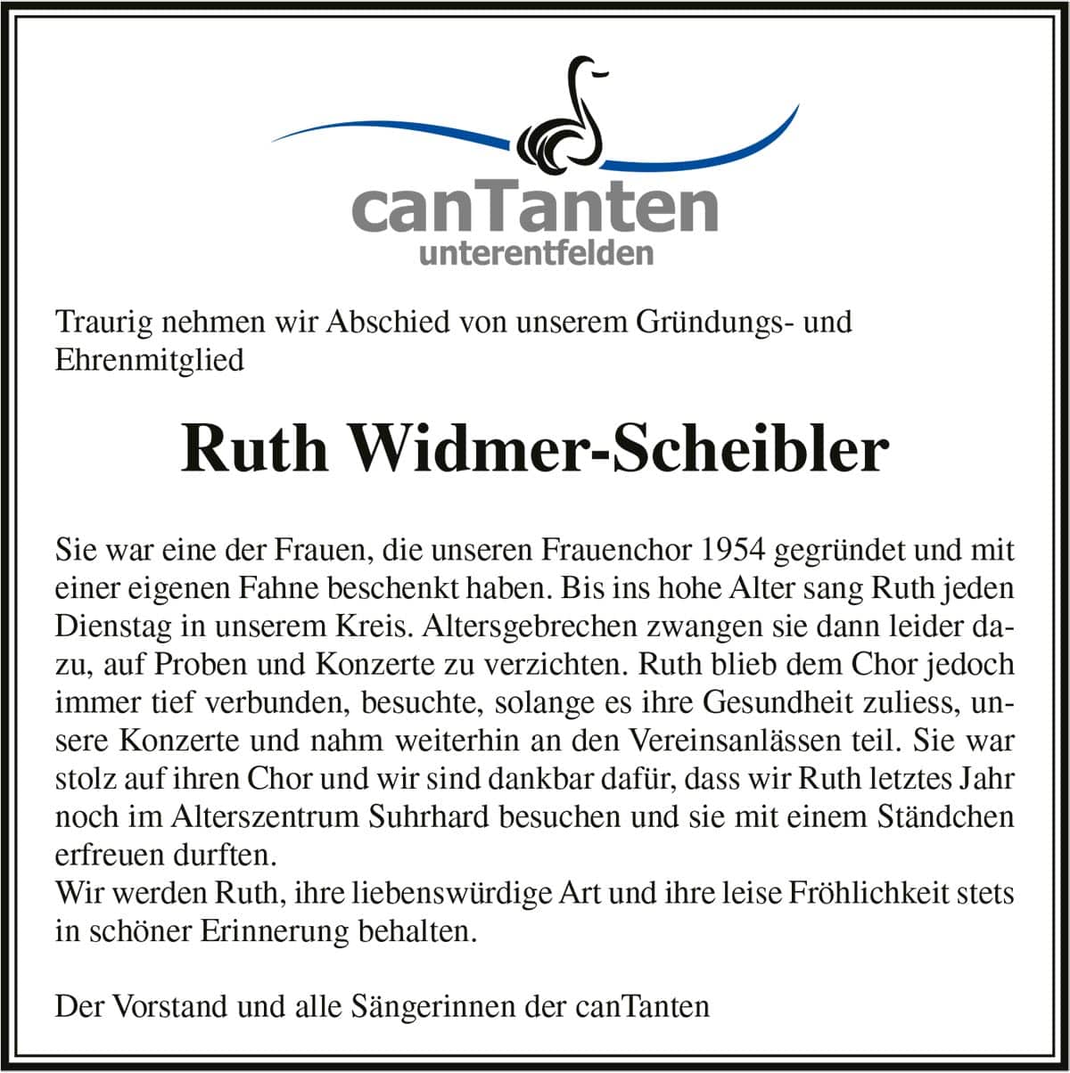 Todesanzeige Ruth Widmer-Scheibler | Der Landanzeiger