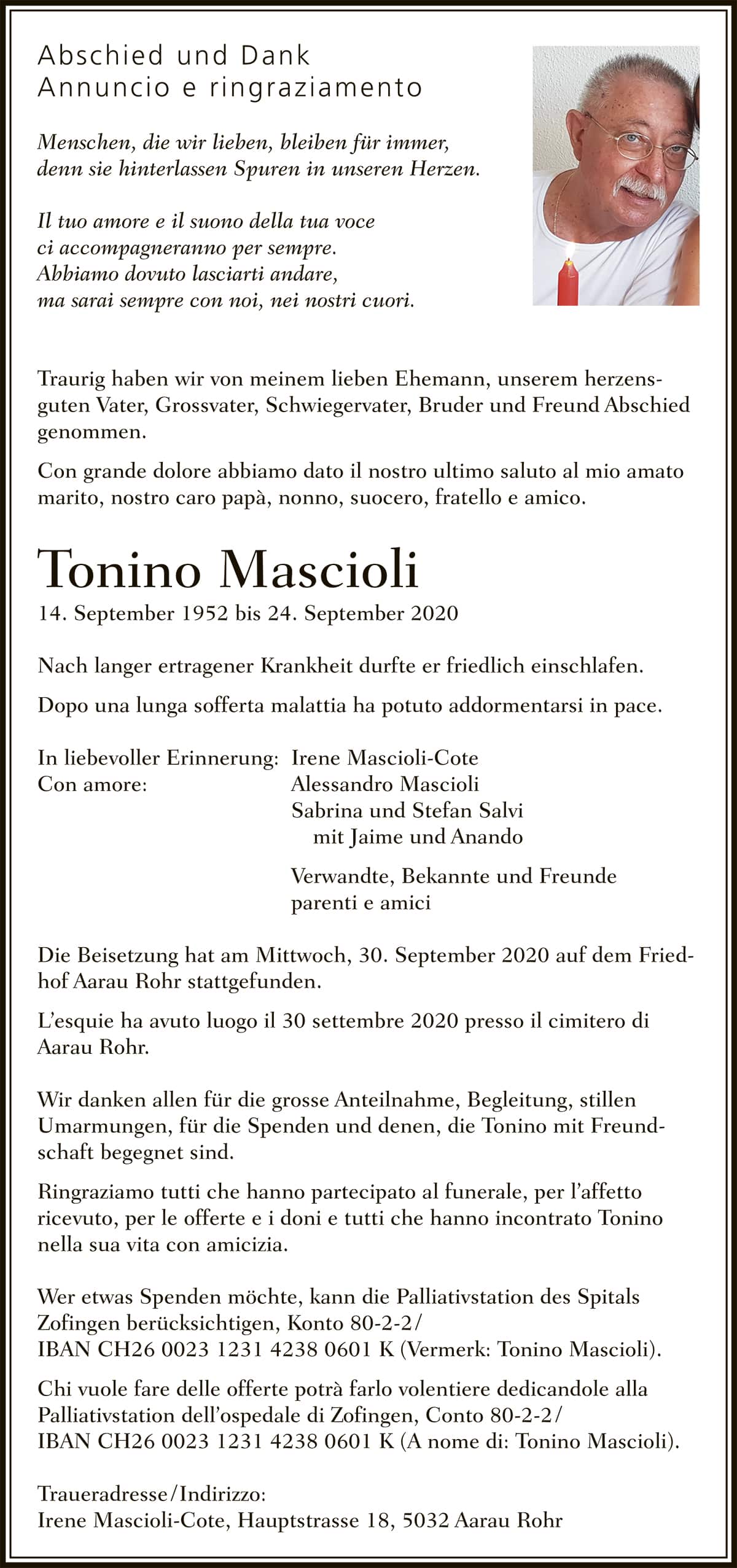 Todesanzeige Tonino Mascioli 1952 | Der Landanzeiger