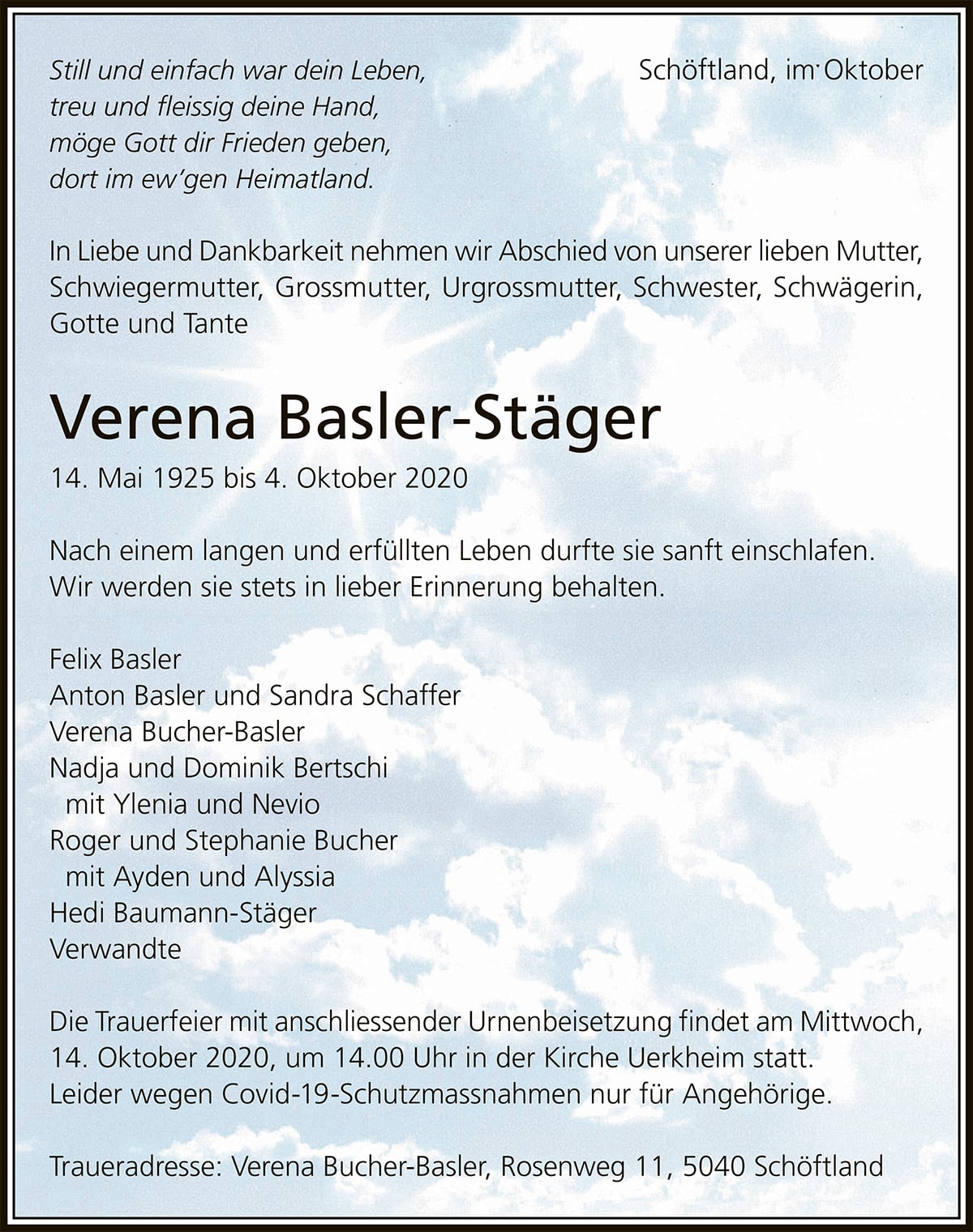 Todesanzeige Verena Basler-Stäger 1925 | Der Landanzeiger