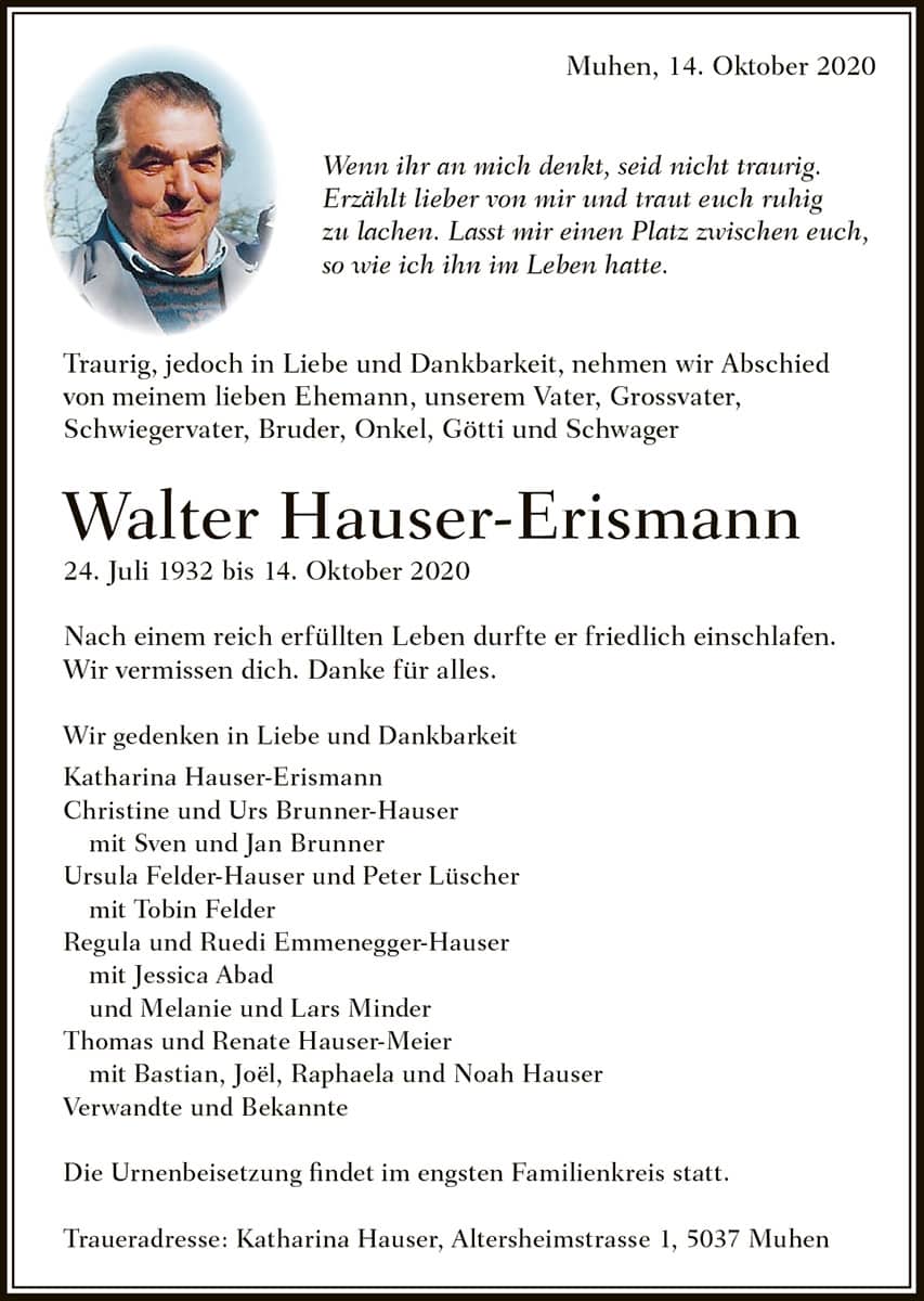 Todesanzeige Walter Hauser-Erismann 1932 | Der Landanzeiger