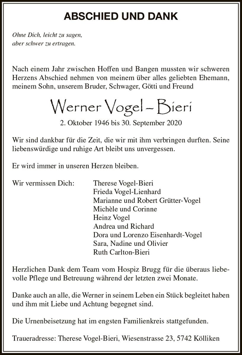 Todesanzeige Werner Vogel-Bieri 1946 | Der Landanzeiger