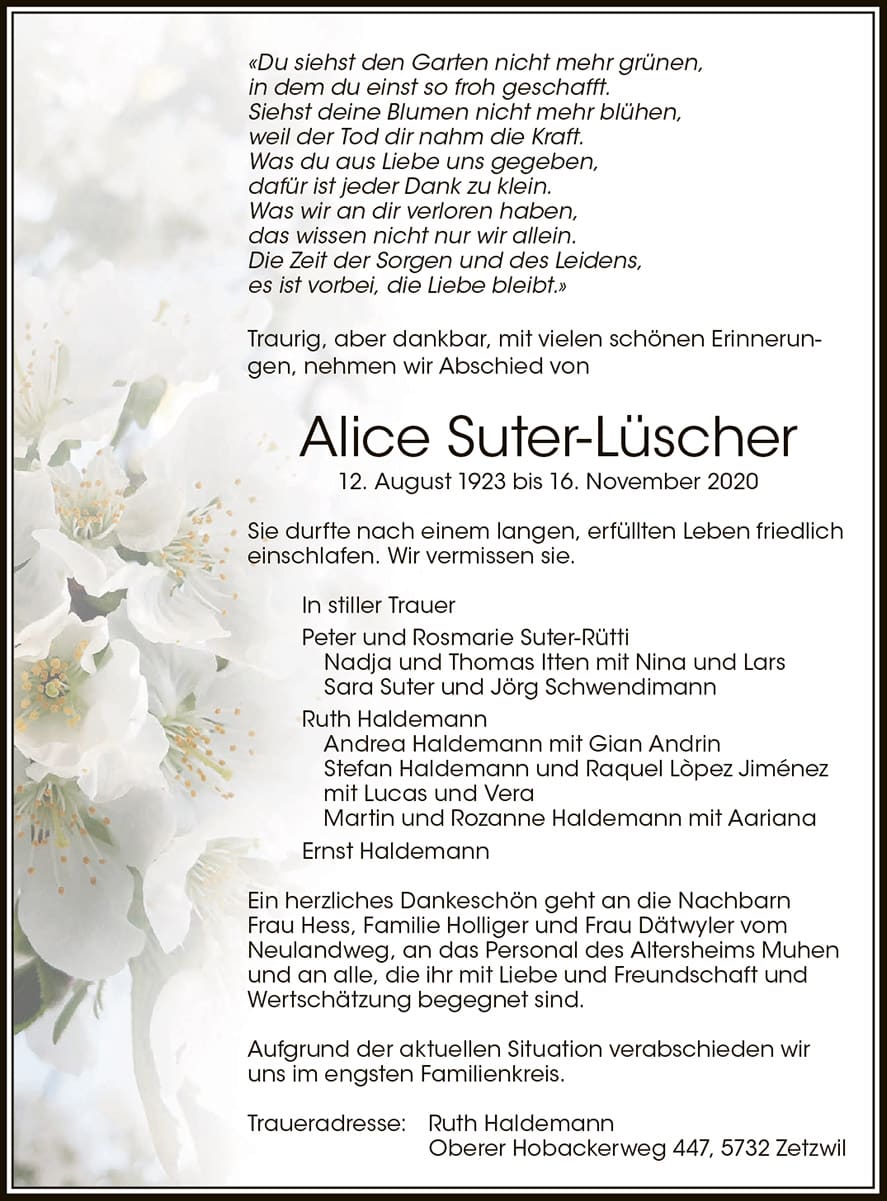 Todesanzeige Alice Suter-Lüscher 1923 | Der Landanzeiger