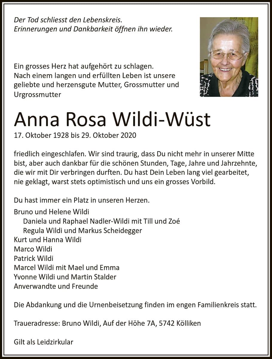 Todesanzeige Anna Rosa Wildi-Wüst 1928 | Der Landanzeiger