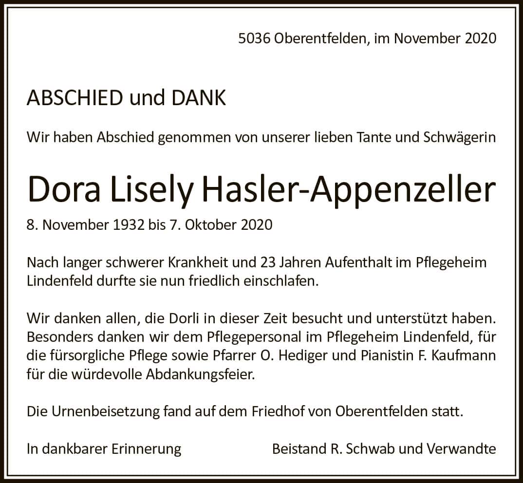 Todesanzeige Dora Lisely Hasler-Appenzeller 1932 | Der Landanzeiger