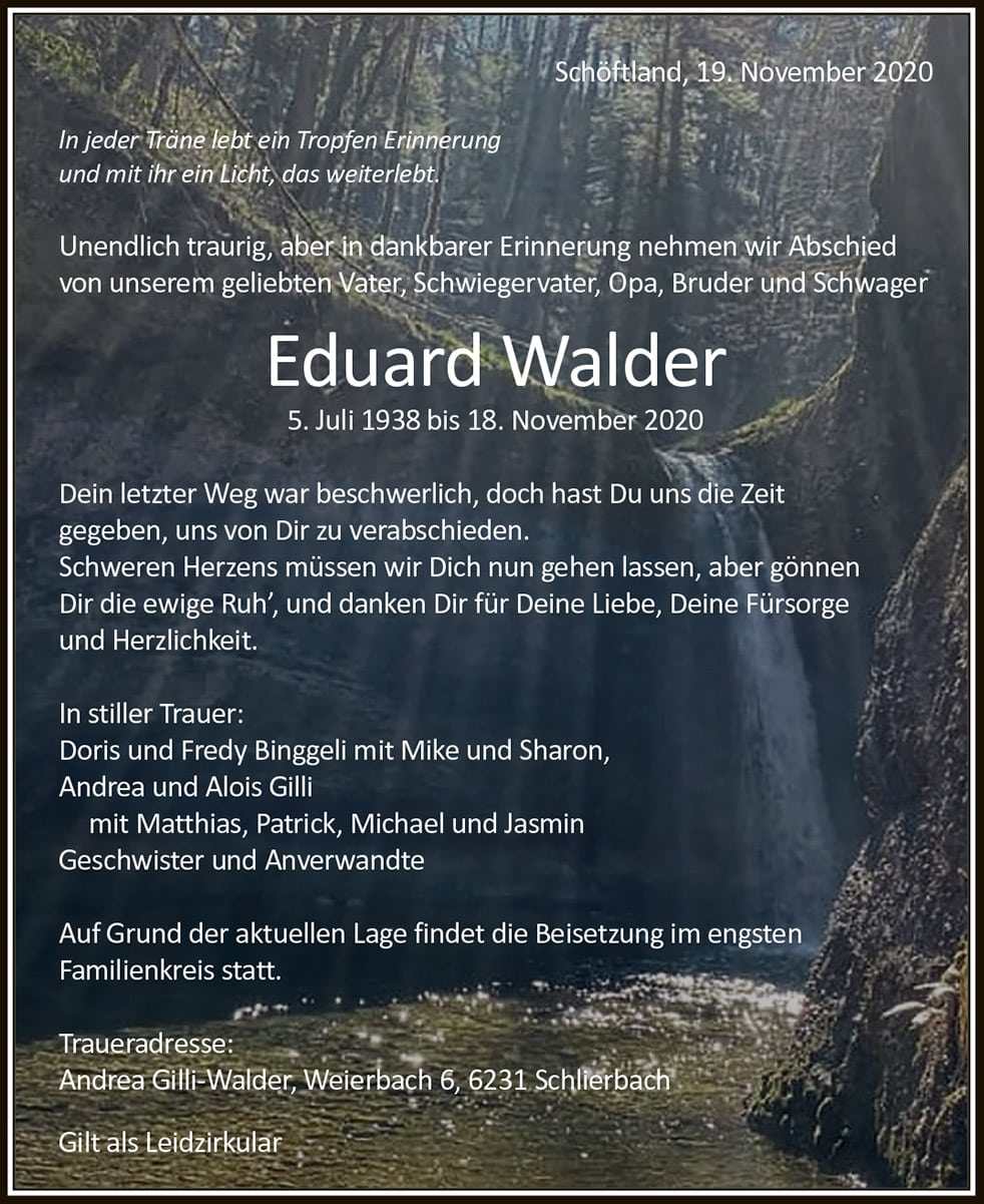 Todesanzeige Eduard Walder 1938 | Der Landanzeiger