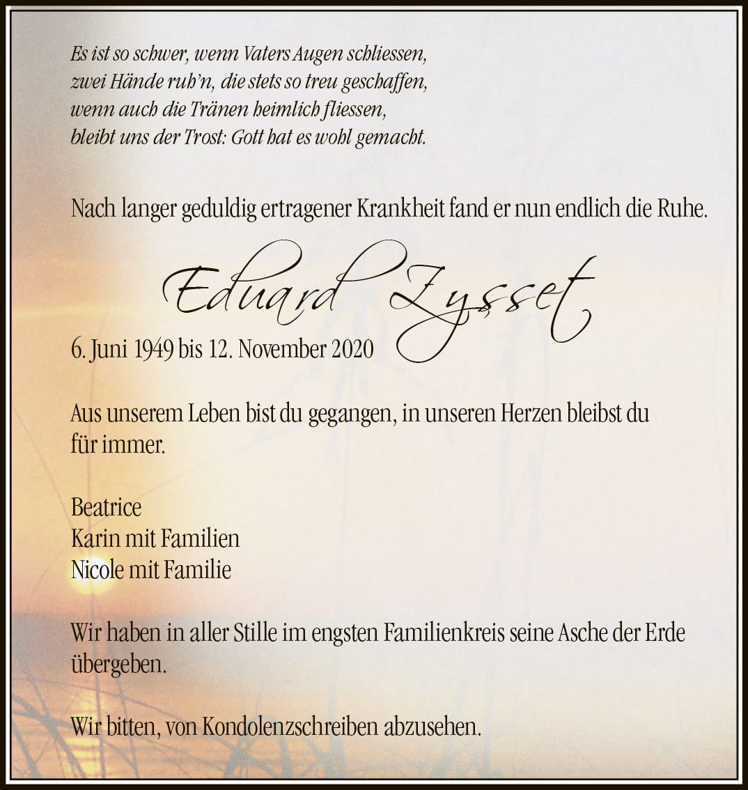Todesanzeige Eduard Zysset 1949 | Der Landanzeiger