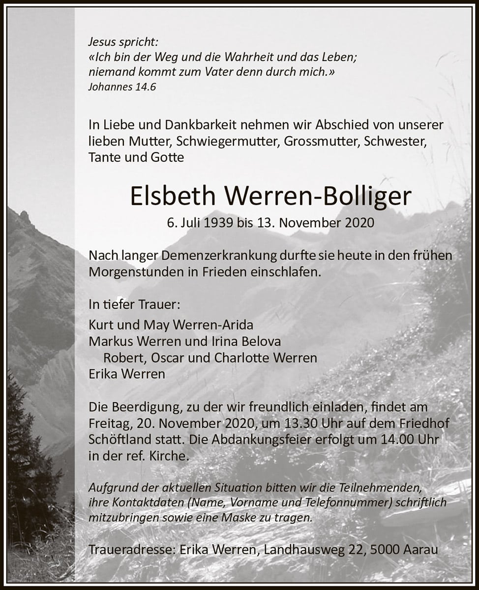 Todesanzeige Elsbeth Werren-Bolliger 19391939 | Der Landanzeiger